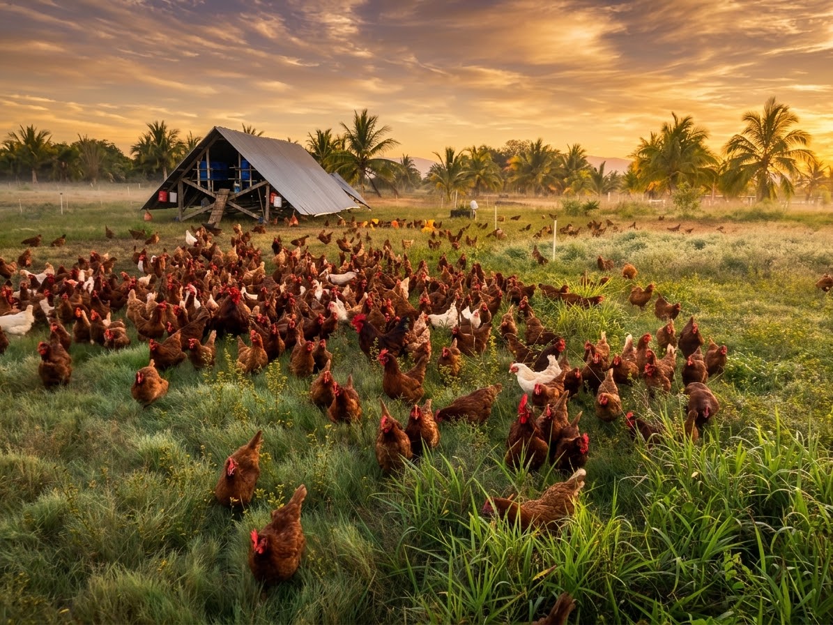 Gallinas pastoreando al amanecer en la granja de Vikinga Tropical